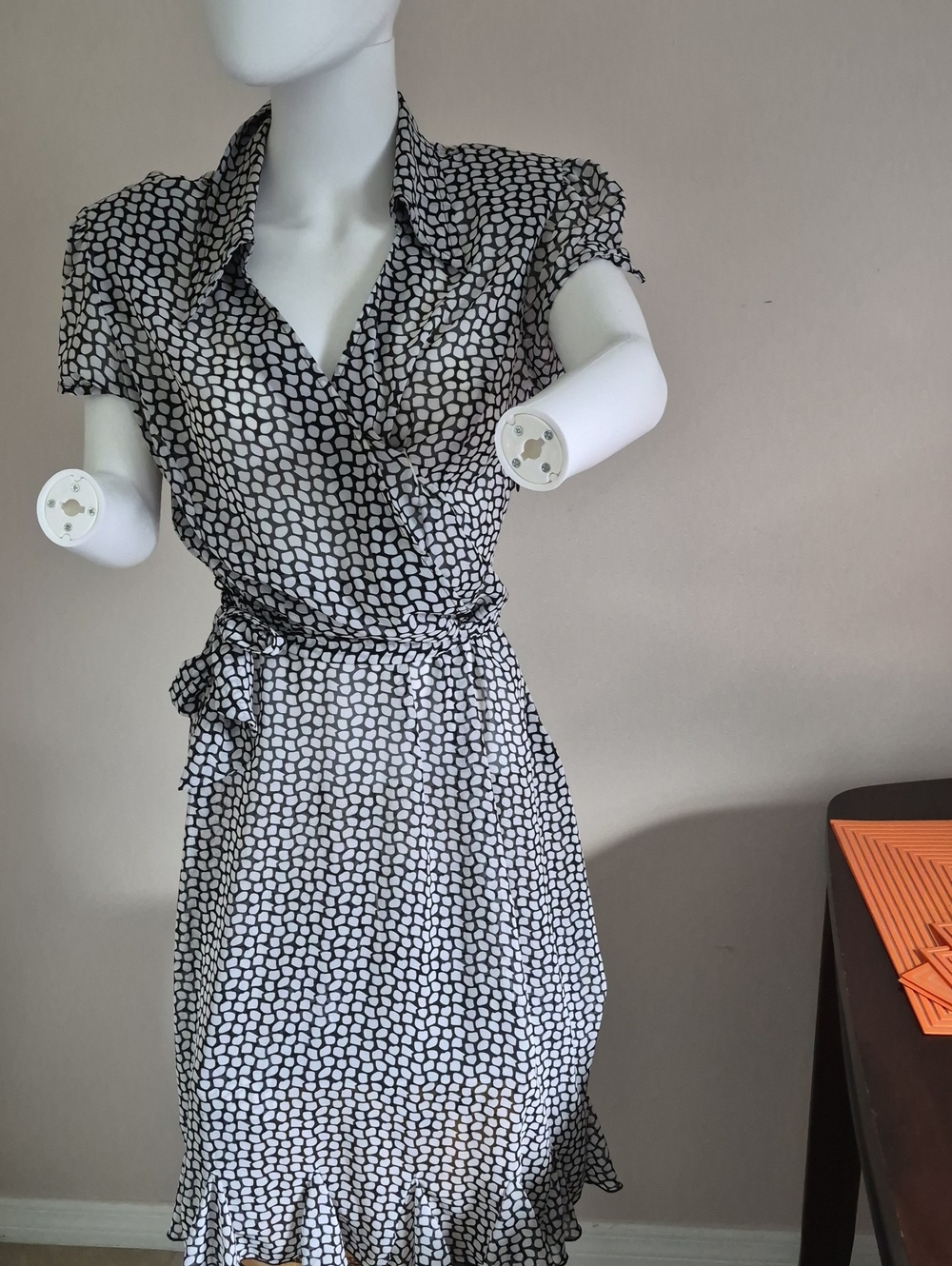 J.B.S. Black and White Geometric Wrap Midi Dress
